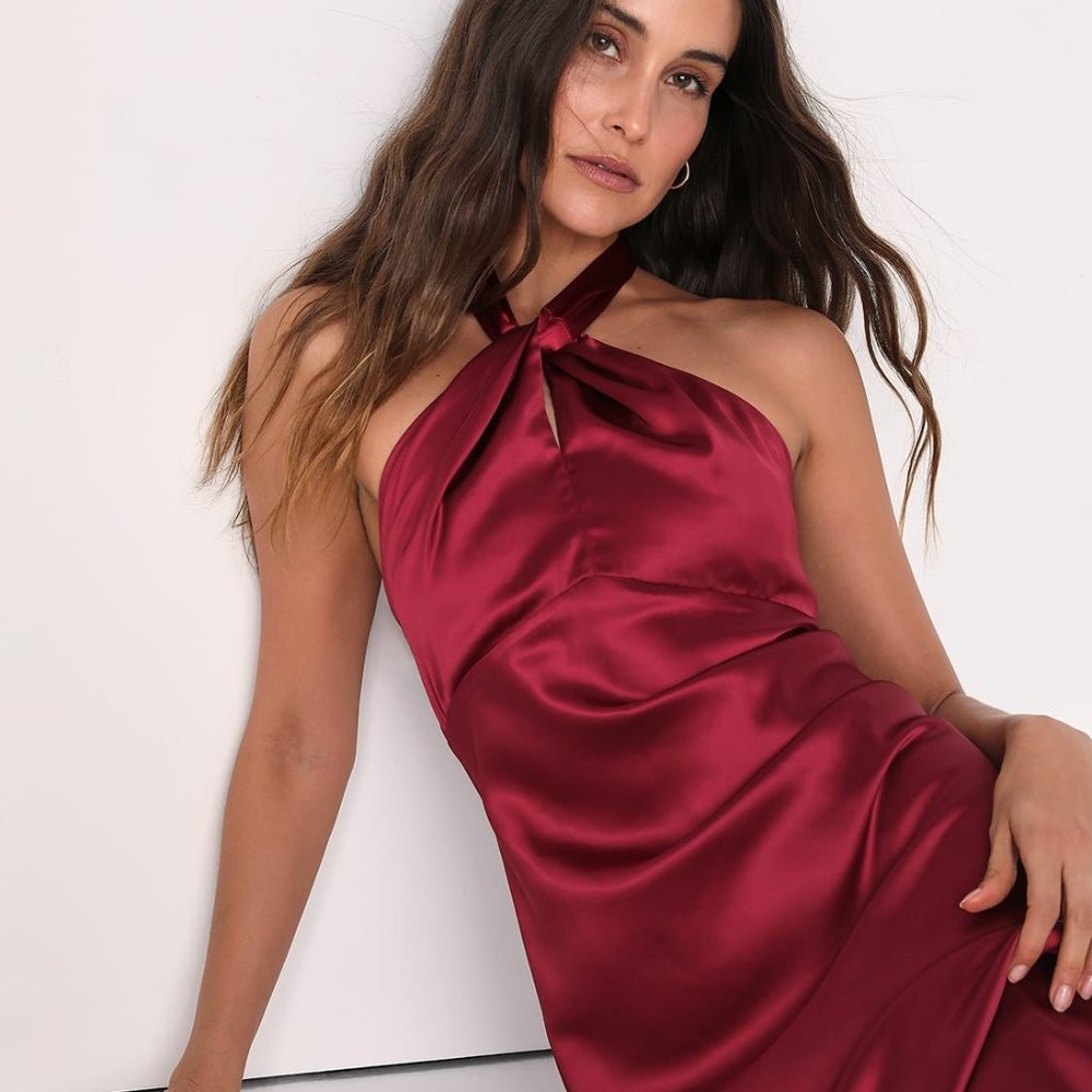Lulu's Regal Arrival Burgundy Satin Halter Mermaid Maxi Dress